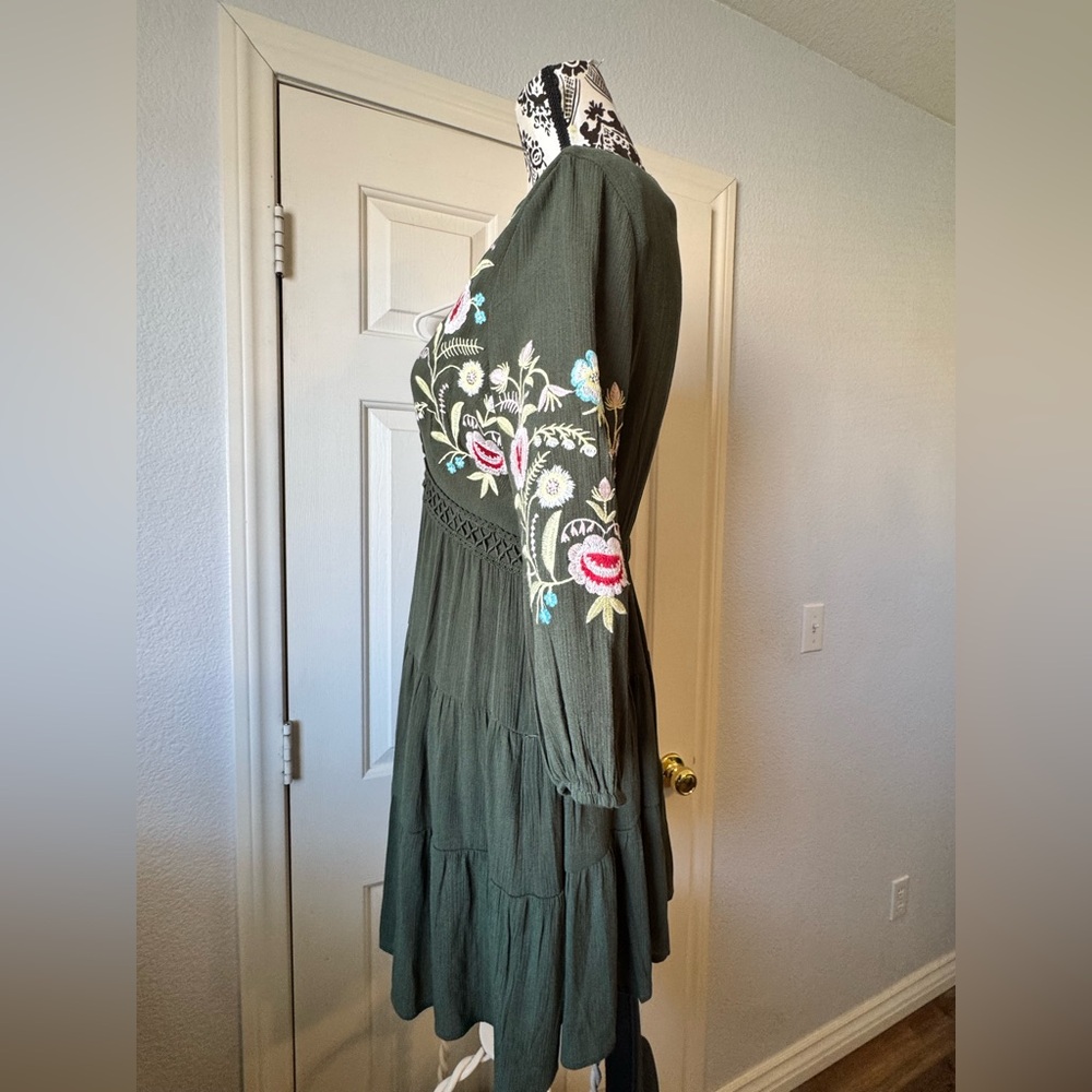 Francesca's Olive Green Embroidered V-Neck Tiered Dress - Picture 6 of 10